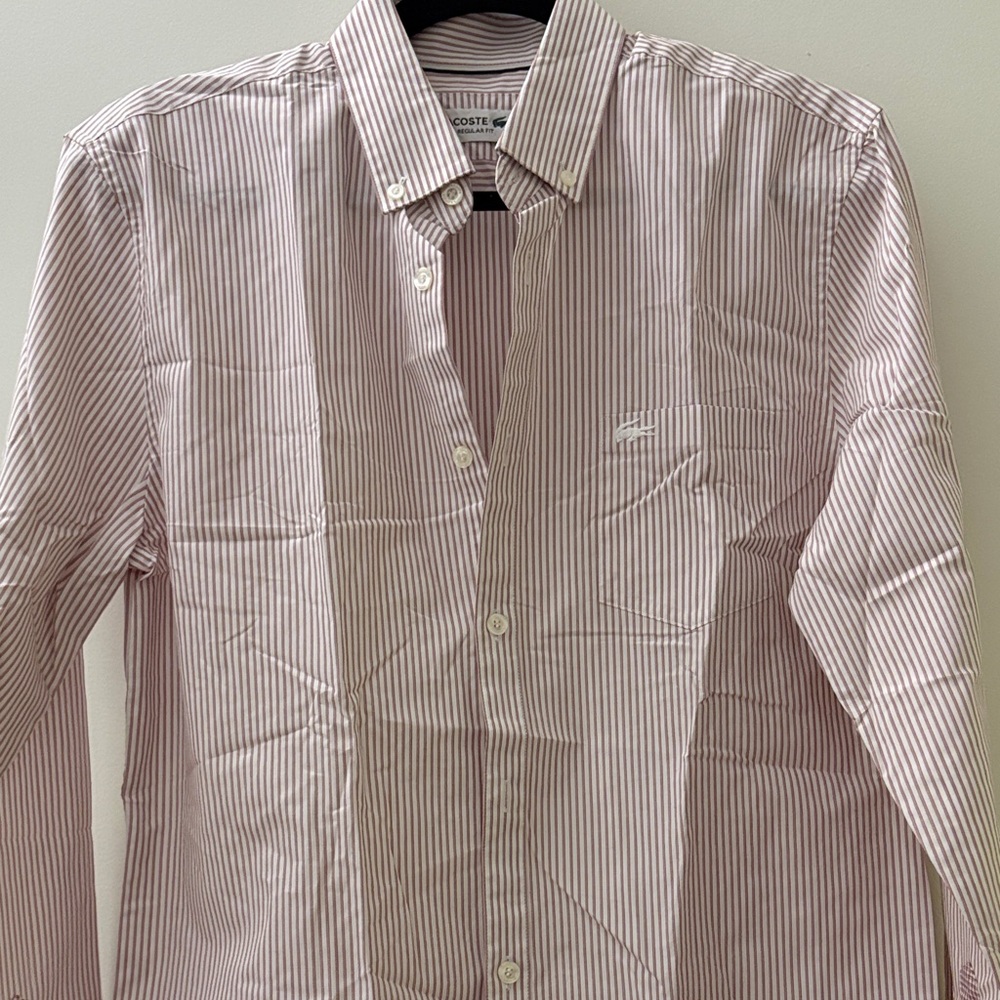 Lacoste Men's Pink and White Striped Button-Down Shirt